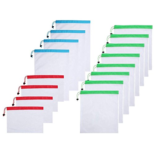 Vibola Reusable Mesh Produce Bags, Set Of 16| Lightweight Drawst