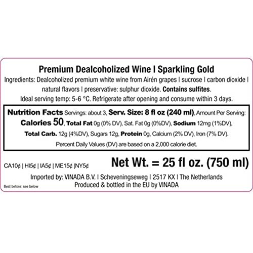 Vinada - Sparkling Gold - Zero Alcohol Wine - 750 Ml 1 Glass Bo