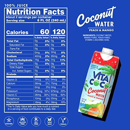 Vita Coco Coconut Water, Peach &Amp; Mango, 16.9 Oz Pack Of 12