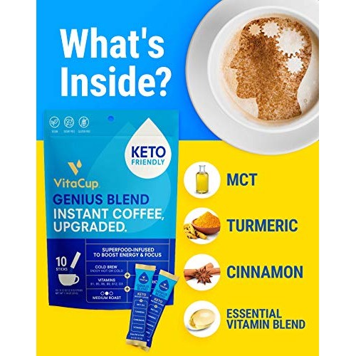 Vitacup Genius Coffee Instant Sticks 10Ct W/ Keto Mct Oil, Turme