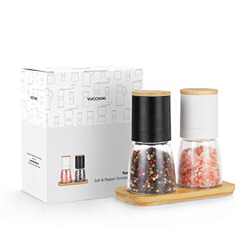 Vucchini Salt and Black Pepper Grinder Set - Bamboo Lid and Wood...