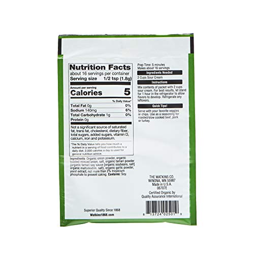 Watkins Organic Gourmet Dip Mix, Onion, 1.0 Oz. Packets, 12-Pack