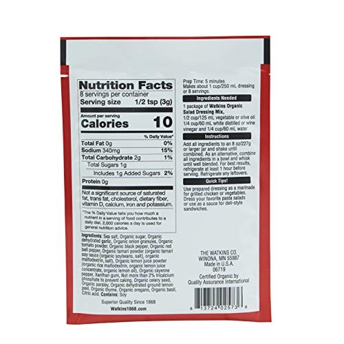 Watkins Organic Italian Salad Dressing Mix, 0.85 Oz. Packets, 12