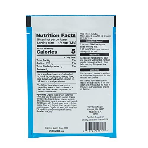 Watkins Organic Ranch Salad Dressing Mix, 0.85 Oz. Packets, 12-Pack