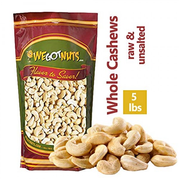 Cashews, Whole, Raw, 320, Bulk Nuts - We Got Nuts 5 LBS.