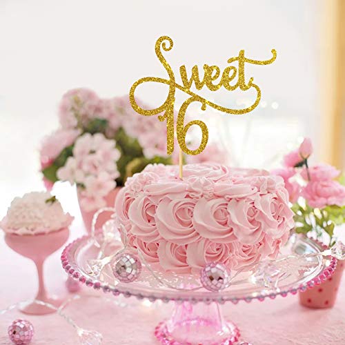 Gold Sweet 16 Cake Topper - Happy 16Th Birthday Party Decoration