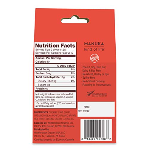 Wedderspoon Organic Manuka Honey Drops, Ginger + Echinacea, Unpa