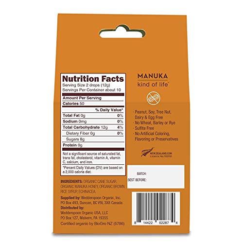 Wedderspoon Organic Manuka Honey Drops, Honey And Echinacea, Unp