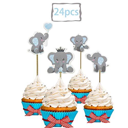 Yurnoet 24Pc Elephant Cupcake Toppers Boy‘S Birthday Party Decor