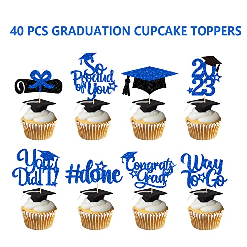 40Pcs Graduation Cupcake Toppers 2023 Blue And Black,Glitter Cla