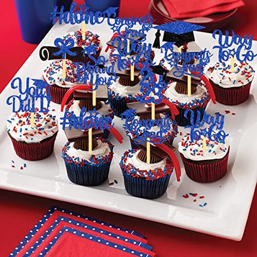 40Pcs Graduation Cupcake Toppers 2023 Blue And Black,Glitter Cla