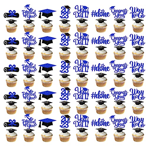 40Pcs Graduation Cupcake Toppers 2023 Blue And Black,Glitter Cla