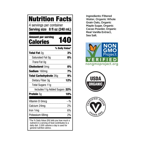 Willa’s Organic Dark Chocolate Oat Milk, 32 oz, 6 pack - No Oil,...