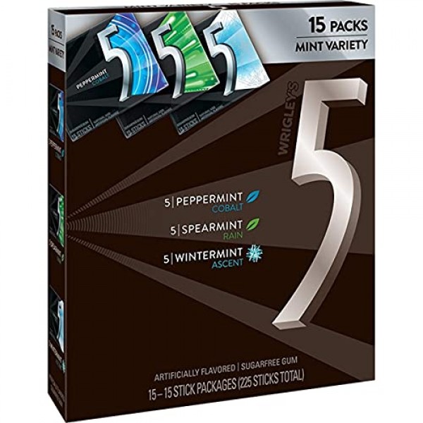 5 Gum Sugarfree Chewing Gum Three Flavor Variety Pack, 15-Count
