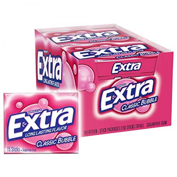 EXTRA Classic Bubble Sugar Free Chewing Gum, 15 Pieces 10 Pack