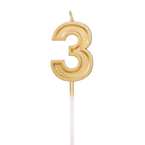 Glitter Happy Birthday Gold Numeral Candles Number 3 Cake Topper