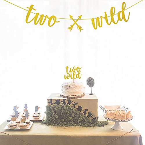 Fadilo Two Wild Gold Glitter Banner Sign Two Wild Cake Topper Tw