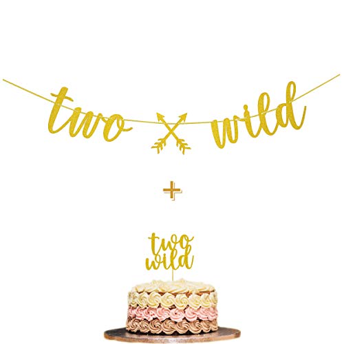 Fadilo Two Wild Gold Glitter Banner Sign Two Wild Cake Topper Tw