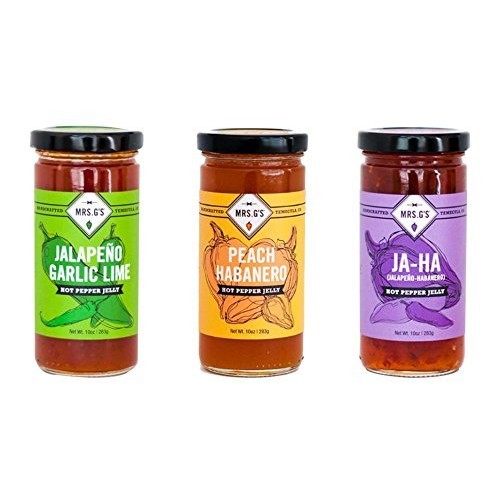Mrs. Gs Hot Pepper Jelly 3-Pack: Jalapeno Garlic Lime, Peach Ha