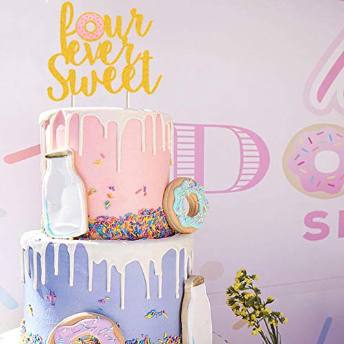 Donut 4Th Birthday Cake Topper Gold Glitter Donut Fourever Sweet