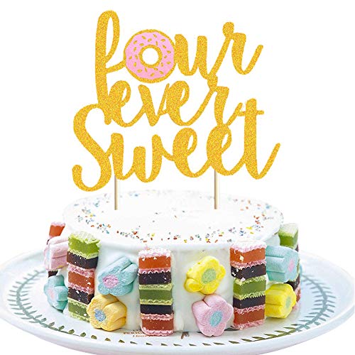 Donut 4Th Birthday Cake Topper Gold Glitter Donut Fourever Sweet