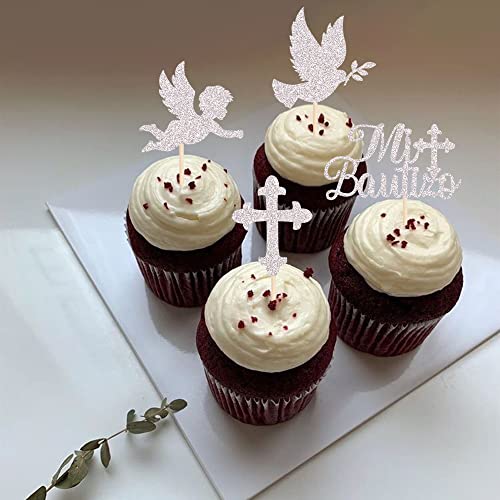 24 Pack Spanish Mi Bautizo Cupcake Toppers with Glitter Cross An...
