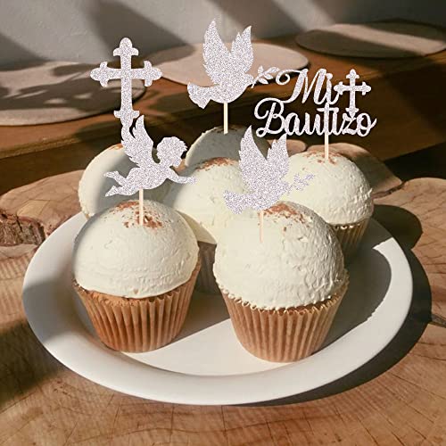 24 Pack Spanish Mi Bautizo Cupcake Toppers with Glitter Cross An...
