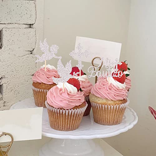 24 Pack Spanish Mi Bautizo Cupcake Toppers with Glitter Cross An...