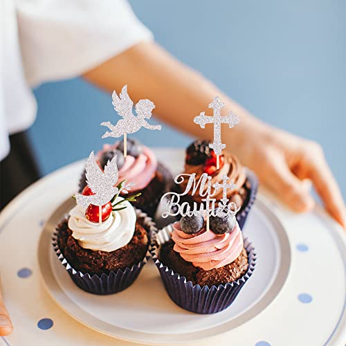 24 Pack Spanish Mi Bautizo Cupcake Toppers with Glitter Cross An...