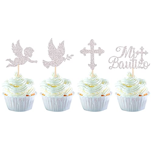 24 Pack Spanish Mi Bautizo Cupcake Toppers with Glitter Cross An...