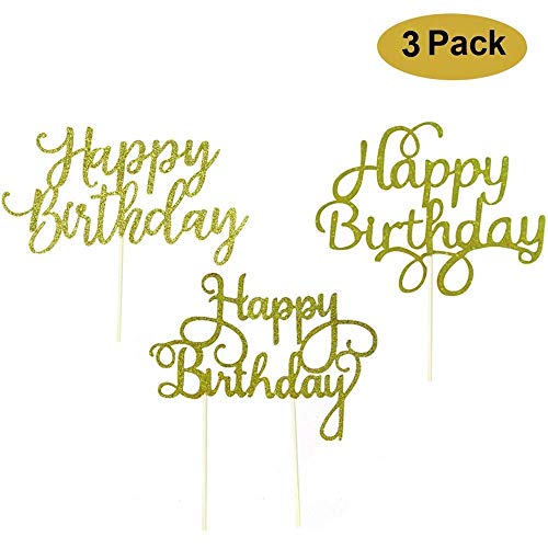 Happy Birthday Cake Topper Decoration Gold Glitter 3 Piece Varie