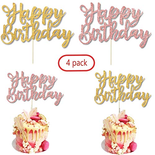 4 Pack Happy Birthday Cake Topper , Color 2 Glitter Gold And 2 R