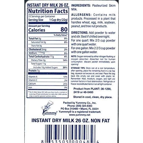 Yummmy Instant Nonfat Dry Milk 26 Oz Makes 2 Gallons, Grade A,