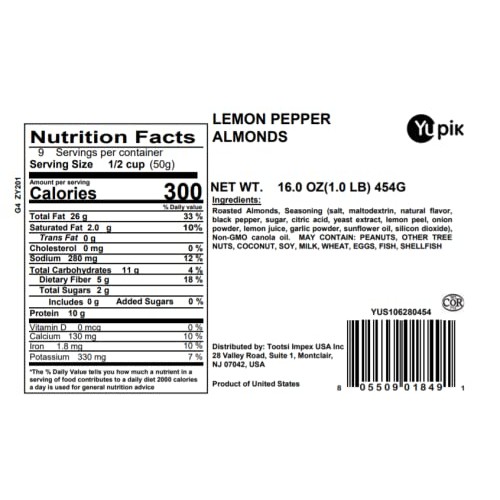 Yupik Lemon Pepper Almonds, 1 Lb, Zesty Flavored Roasted Nuts, N