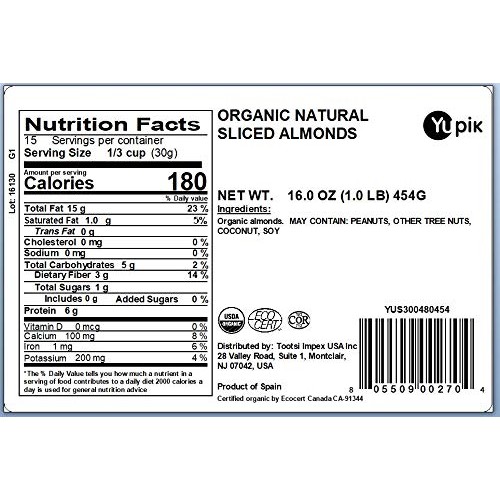Yupik Nuts, Organic, Natural Sliced Almonds, 1 lb, Non-GMO, Vega...