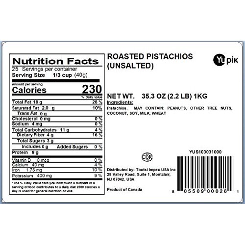 Yupik Nuts Unsalted Roasted Pistachios, 2.2 Lb