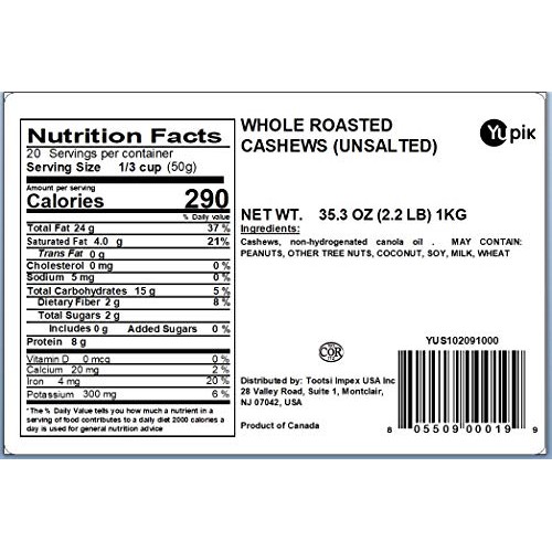 Yupik Nuts Unsalted Whole Roasted Cashews, 2.2 Lb