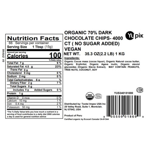 Yupik Organic 70% Pure Dark Chocolate Chips - No Sugar Added - 4...