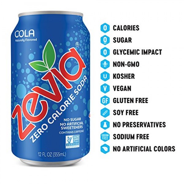 Zevia Zero Calorie Soda, Cola, Naturally Sweetened Soda, 24 12