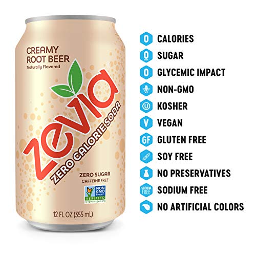 Zevia Zero Calorie Soda, Creamy Root Beer, 12 Ounce Cans Pack O