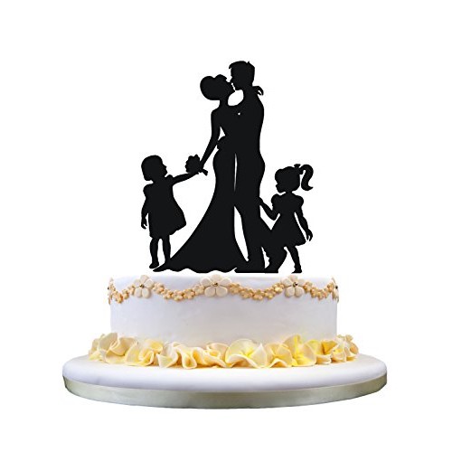 Anniversary Cake Topper- Bride And Groom With 2 Little Girls, Ha
