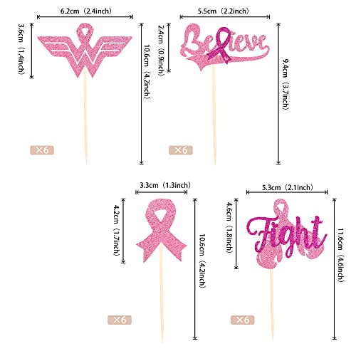 24 PCS Breast Cancer Awareness Cupcake Toppers Glitter Pink Ribb...