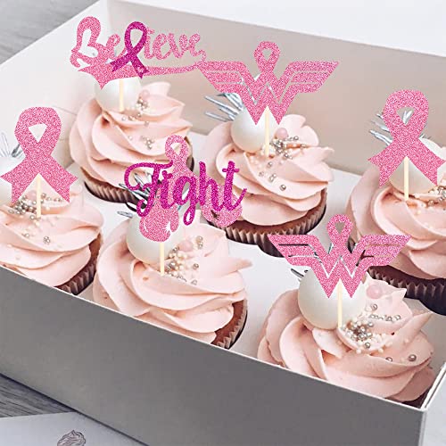 24 PCS Breast Cancer Awareness Cupcake Toppers Glitter Pink Ribb...