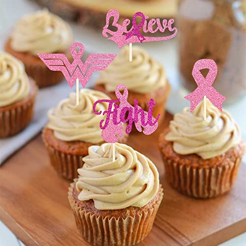 24 PCS Breast Cancer Awareness Cupcake Toppers Glitter Pink Ribb...