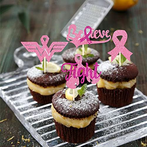 24 PCS Breast Cancer Awareness Cupcake Toppers Glitter Pink Ribb...