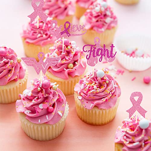 24 PCS Breast Cancer Awareness Cupcake Toppers Glitter Pink Ribb...