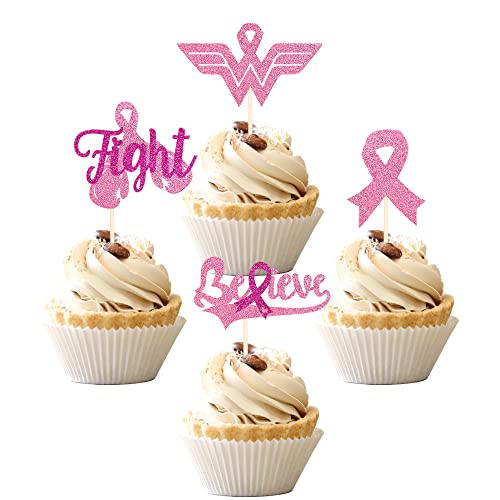 24 PCS Breast Cancer Awareness Cupcake Toppers Glitter Pink Ribb...