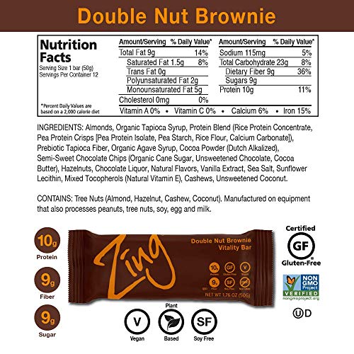 Zing Plant-Based Protein Bar | Double Nut Brownie, 12 Count | Mo