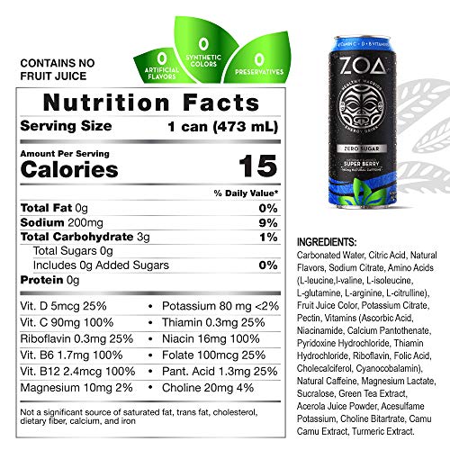 Zoa, Zero Sugar Energy Drink, Super Berry, 16 Fl. Oz. Pack Of 1