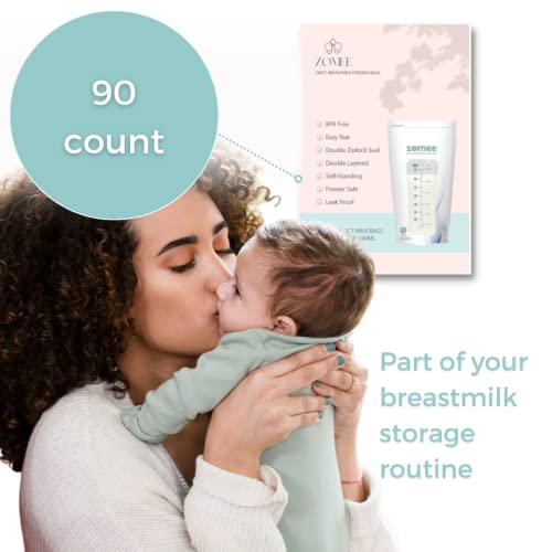 90 Count Zomee Breast Milk Storage Bags - 8 OZ/240 ML, Leak Proo...